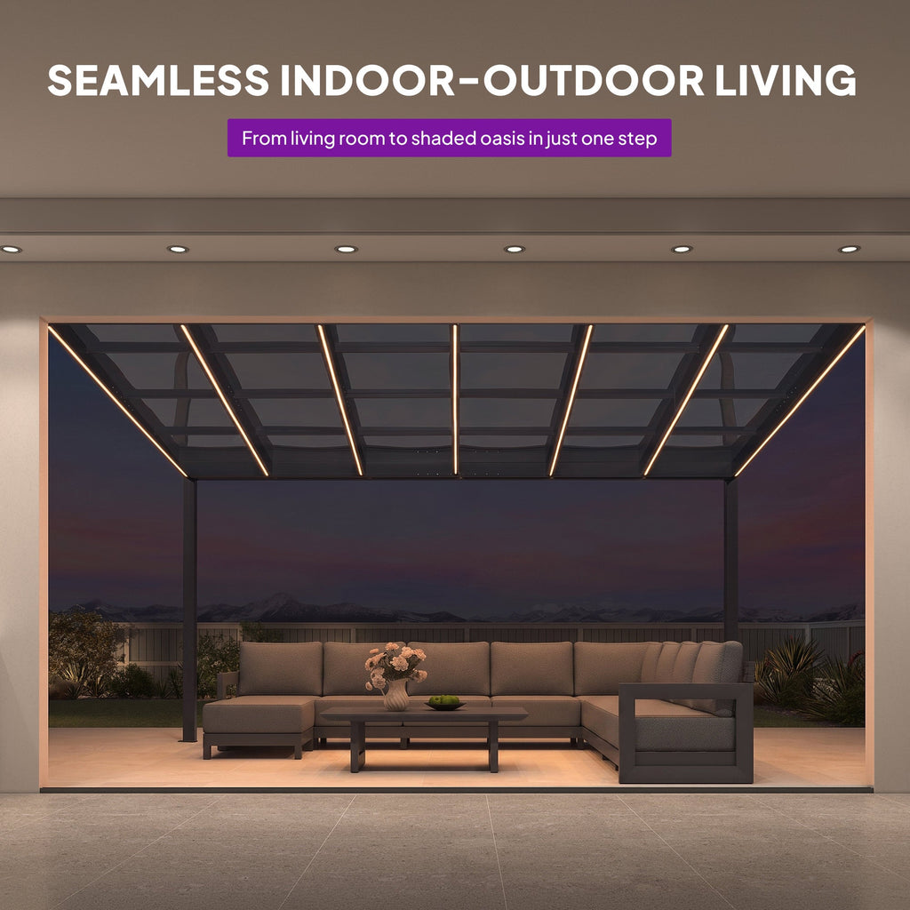 PURPLE LEAF Wall Mounted Gazebo with Gray Polycarbonate Roof Aluminum Frame Patio Cover with Strip Light for Porch