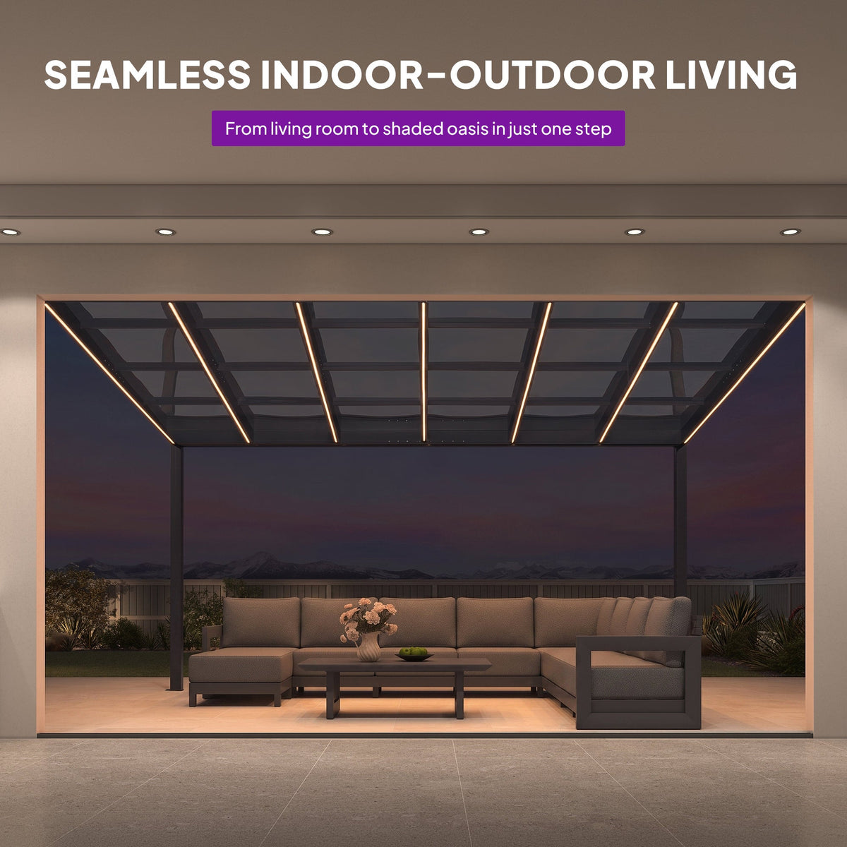 PURPLE LEAF Wall Mounted Gazebo with Gray Polycarbonate Roof Aluminum Frame Patio Cover with Strip Light for Porch