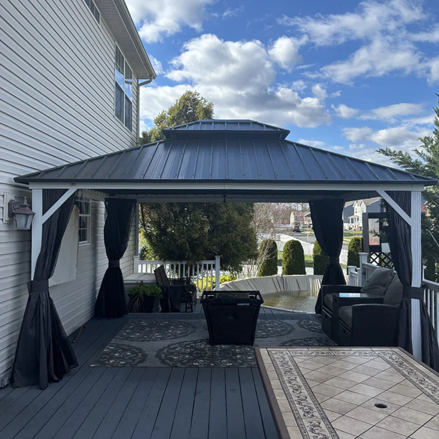 PURPLE LEAF Modern Gazebo Grey Hardtop Galvanized Steel Double Roof White Aluminum Poles with Curtains and Netting