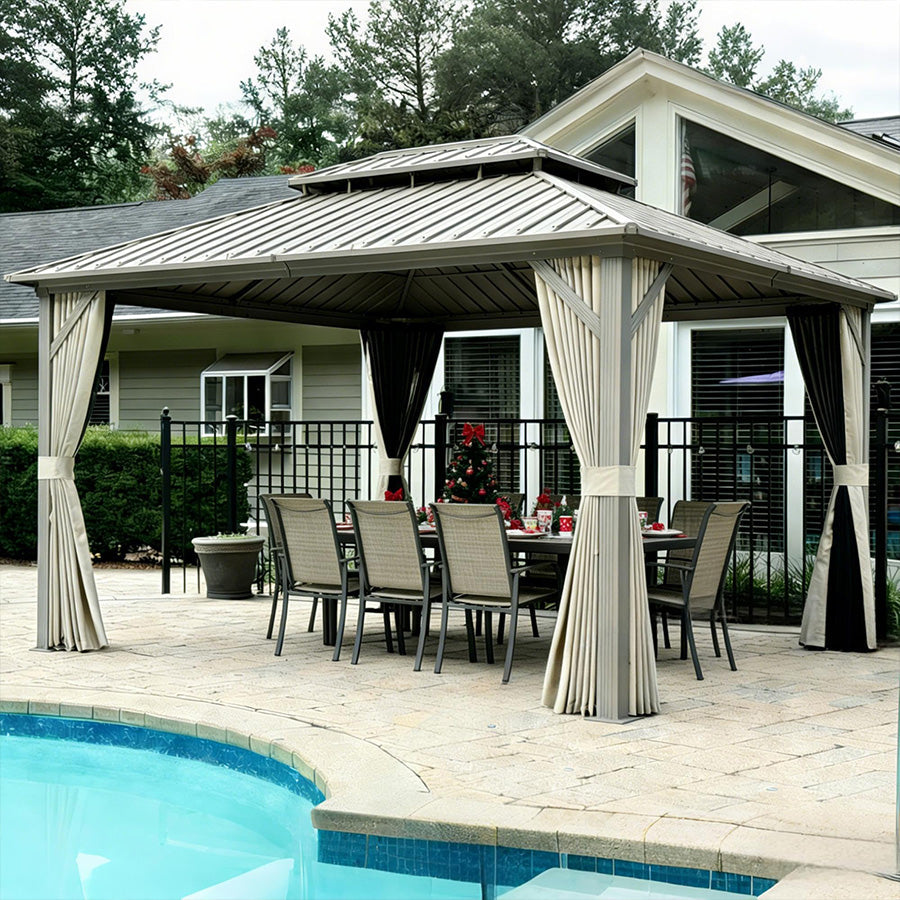 PURPLE LEAF Deck Gazebo Champagne Hardtop Metal Frame Double Roof with Curtains and Netting with Lights-milky