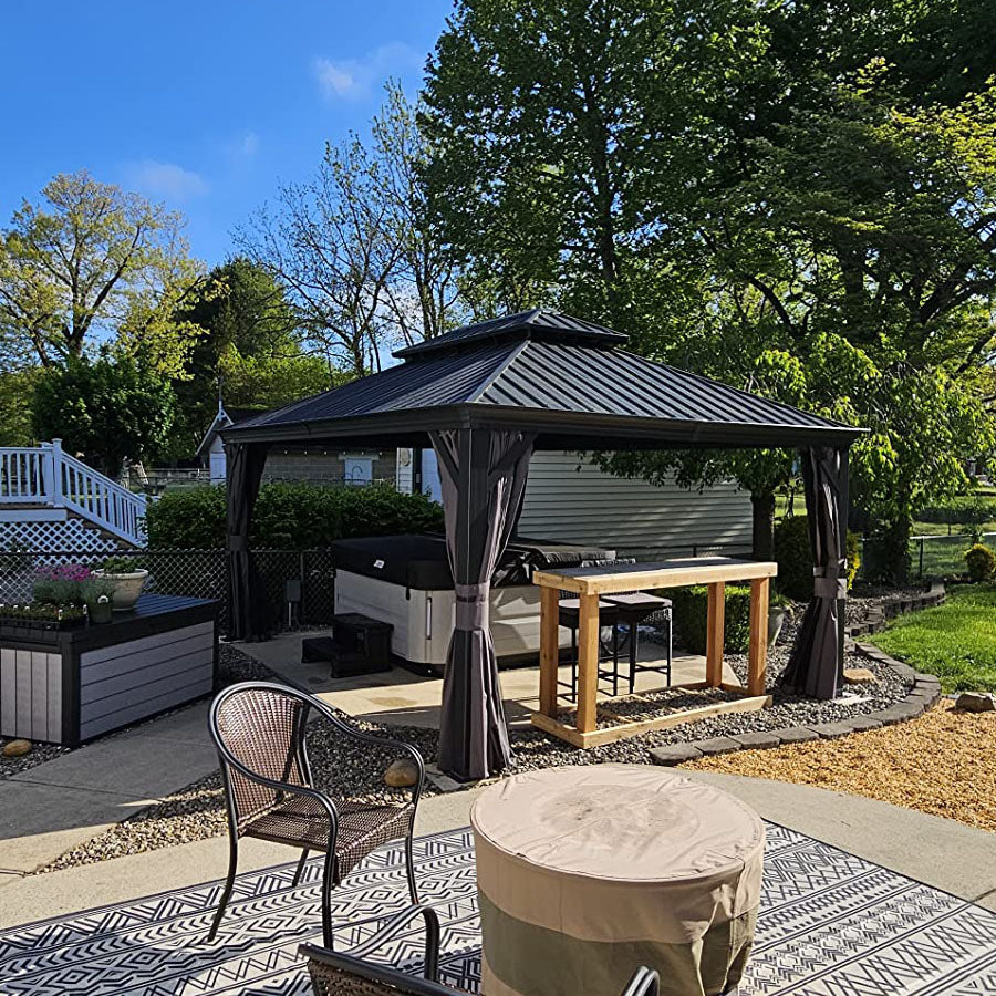 PURPLE LEAF Patio Gazebo for Backyard Grey Hardtop Galvanized Steel Roof Awning String Lights-milky