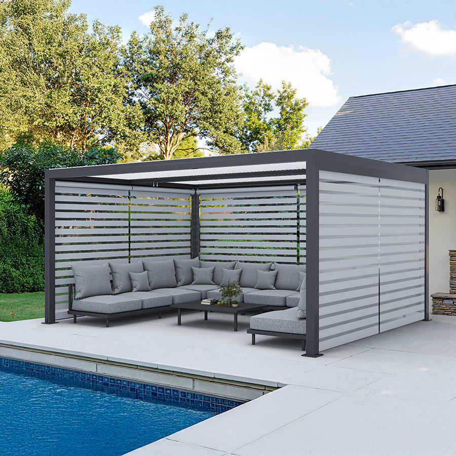 PURPLE LEAF Athena Louvered Pergola Grey Outdoor Aluminum Pergola with Roller Blinds Adjustable Gazebo Rainproof for Patio Deck Garden