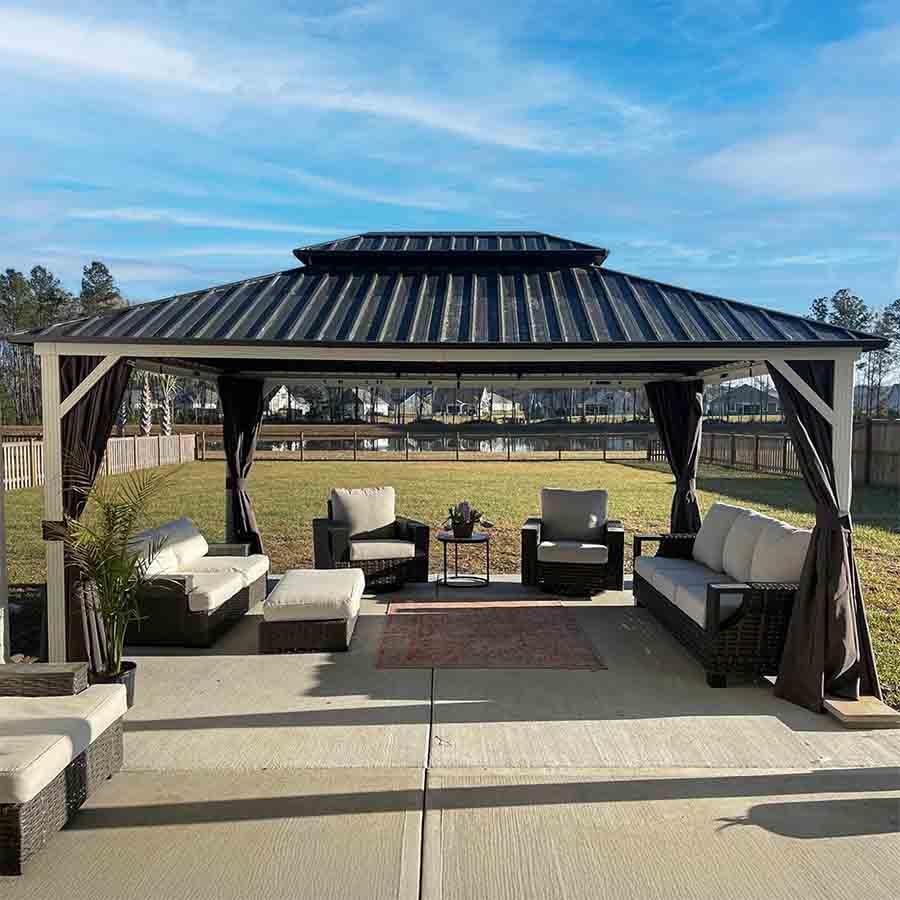 PURPLE LEAF Modern Gazebo Grey Hardtop Galvanized Steel Double Roof White Aluminum Poles with Curtains and Netting
