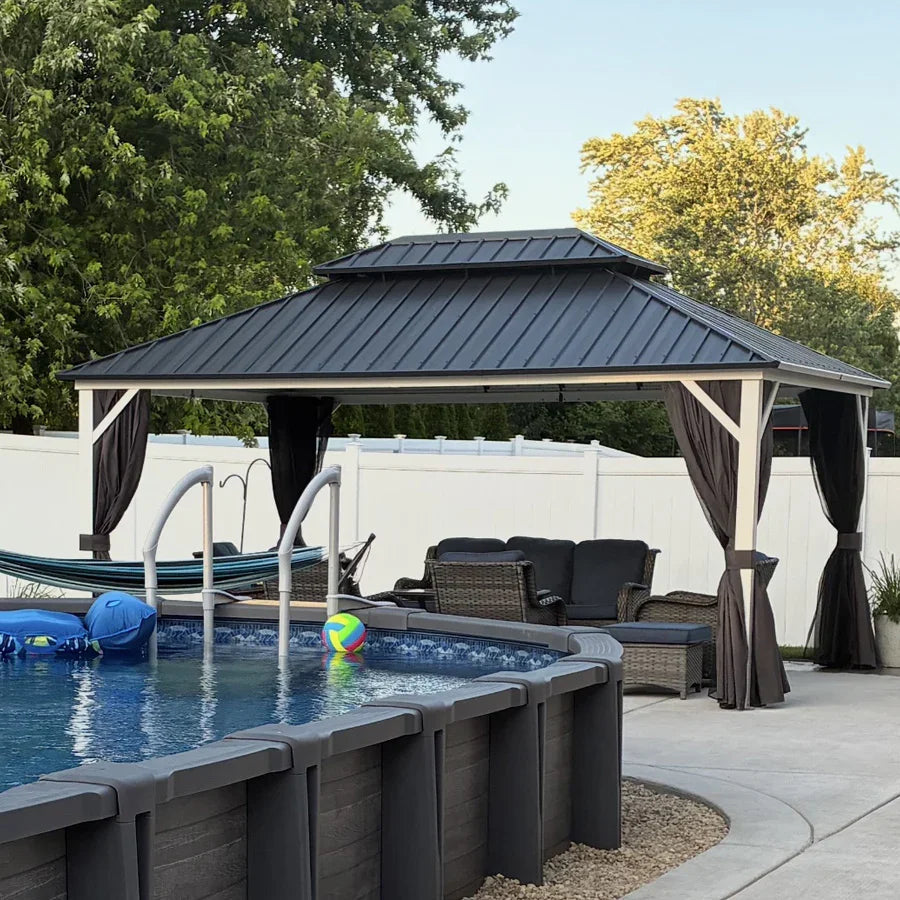 PURPLE LEAF Modern Gazebo Grey Hardtop Galvanized Steel Double Roof White Aluminum Poles with Curtains and Netting