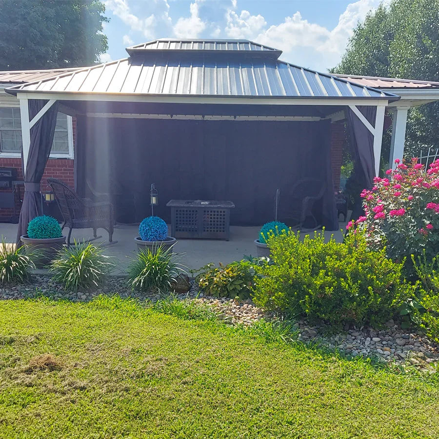 PURPLE LEAF Modern Gazebo Grey Hardtop Galvanized Steel Double Roof White Aluminum Poles with Curtains and Netting with Lights-clear