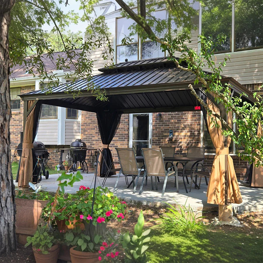 PURPLE LEAF Outdoor Hardtop Gazebo for Garden Bronze Double Roof Aluminum Frame Pavilion with String Lights-clear