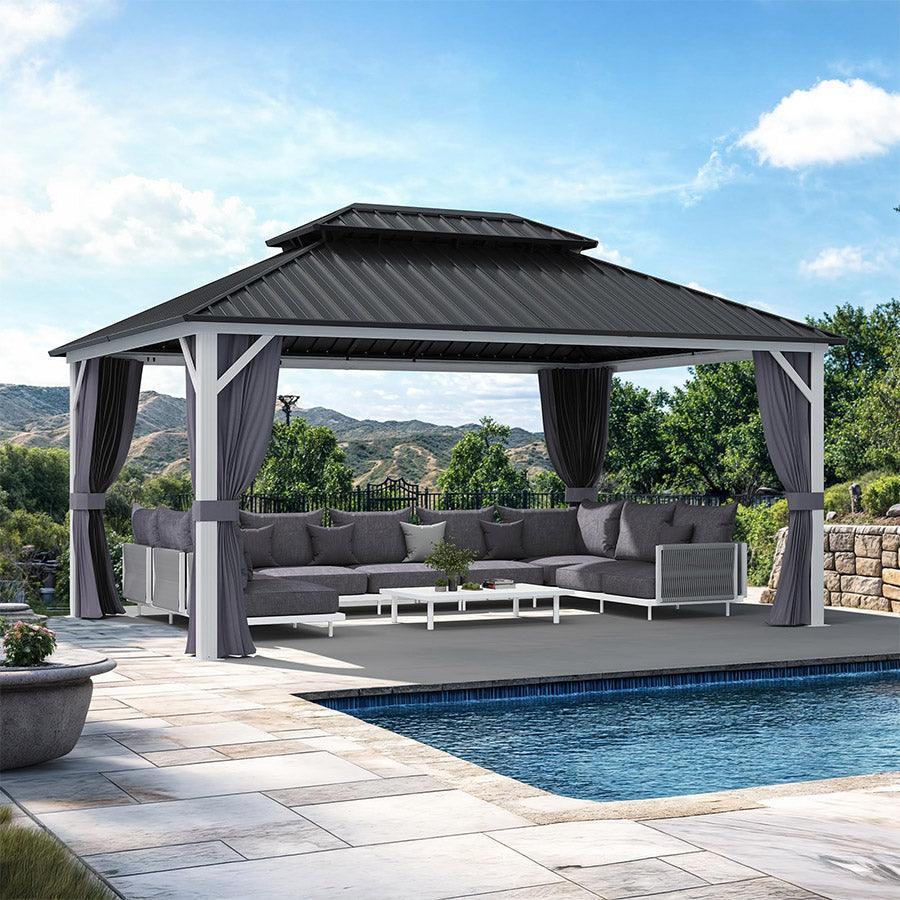 PURPLE LEAF Modern Gazebo Grey Hardtop Galvanized Steel Double Roof White Aluminum Poles with Curtains and Netting with Lights-milky