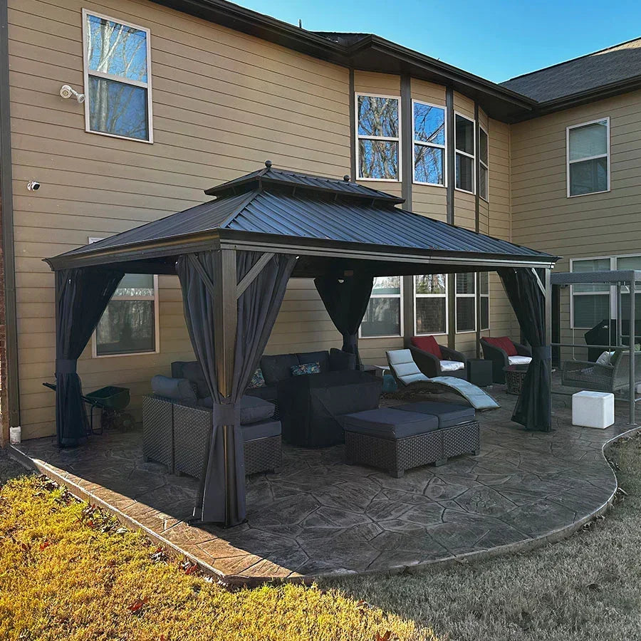 PURPLE LEAF Outdoor Hardtop Gazebo for Patio Bronze Aluminum Frame Pavilion with Navy-Blue Curtain and Reinforced Support Rods