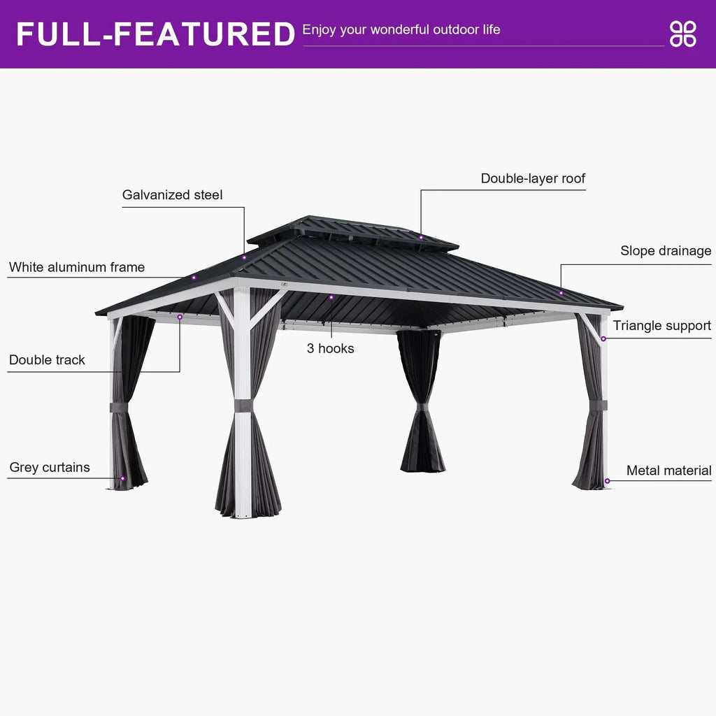 PURPLE LEAF Modern Gazebo Grey Hardtop Galvanized Steel Double Roof White Aluminum Poles with Curtains and Netting with Lights-milky