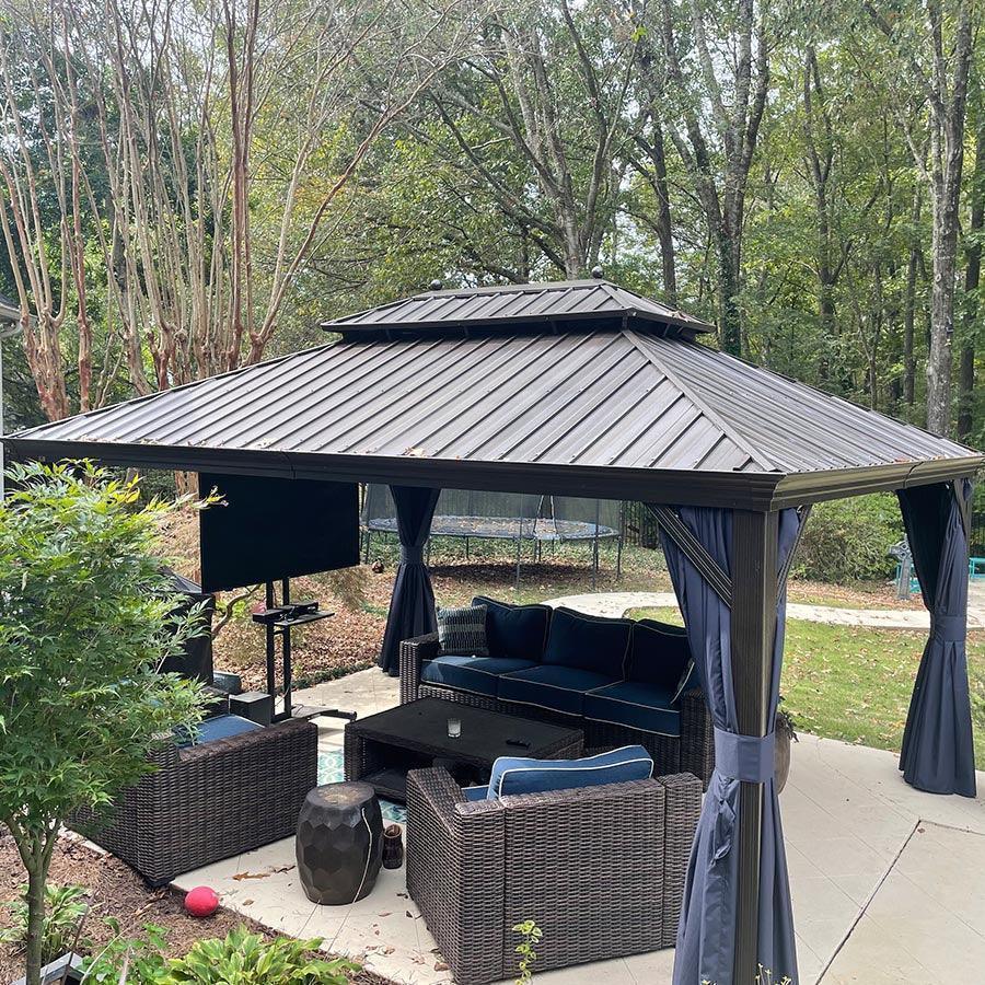 PURPLE LEAF Outdoor Hardtop Gazebo for Patio Bronze Aluminum Frame Pavilion with Navy-Blue Curtain and Reinforced Support Rods