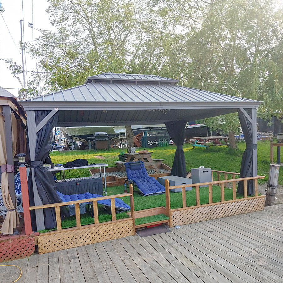 PURPLE LEAF Patio Gazebo for Pool Light Grey Hardtop Galvanized Steel Roof with String Lights-milky