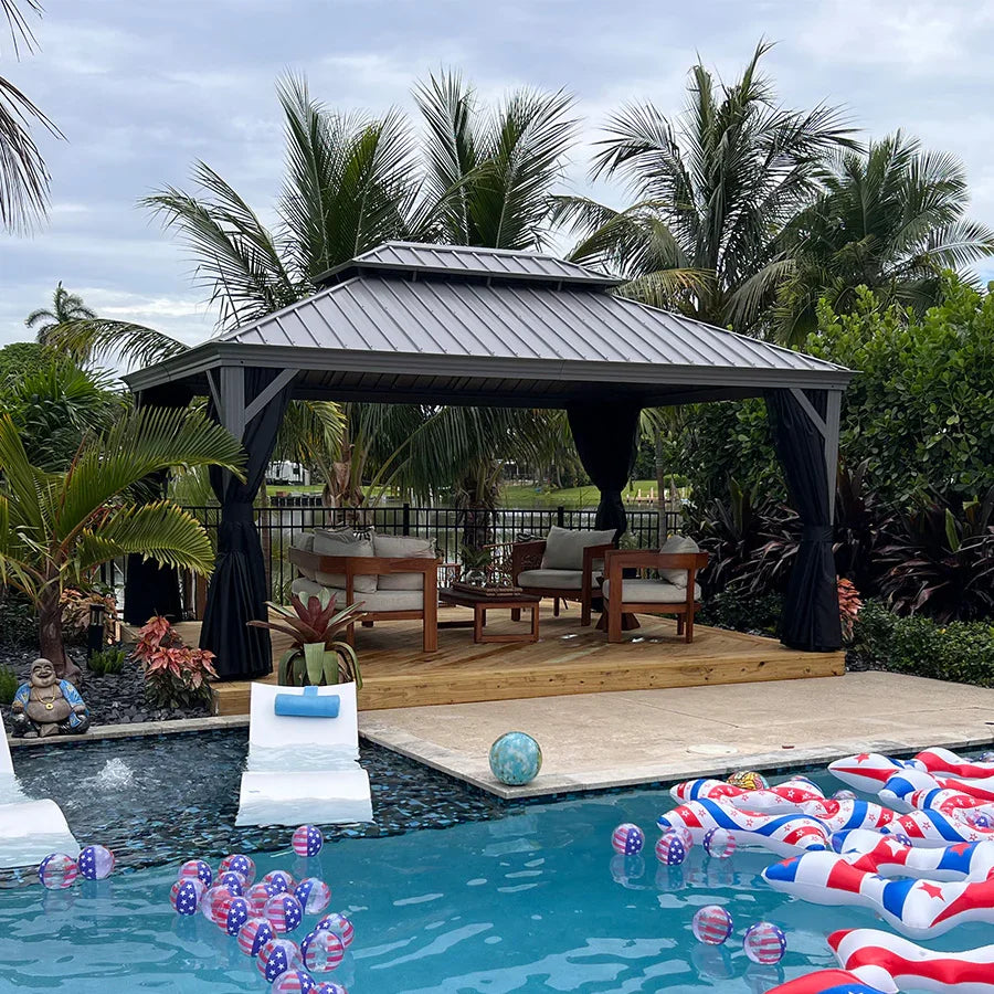 PURPLE LEAF Patio Gazebo for Pool Light Grey Hardtop Galvanized Steel Roof with Reinforcement Support Rod