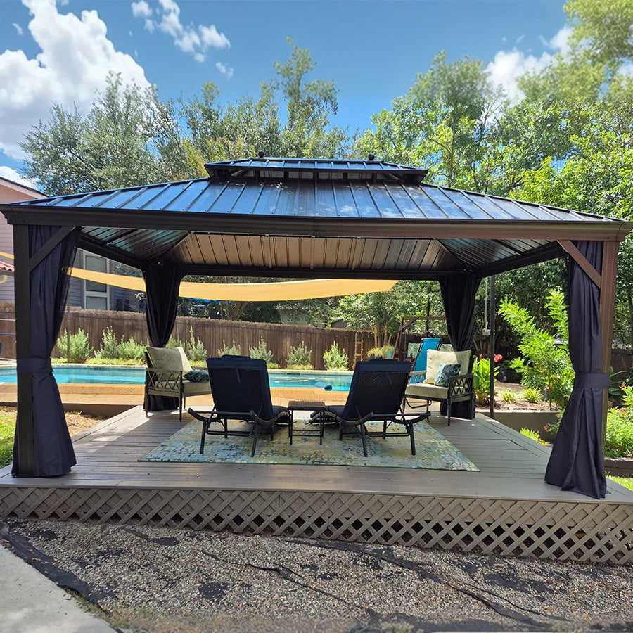 PURPLE LEAF Outdoor Hardtop Gazebo for Patio Bronze Aluminum Frame Pavilion with Navy-Blue Curtain and String Lights-clear