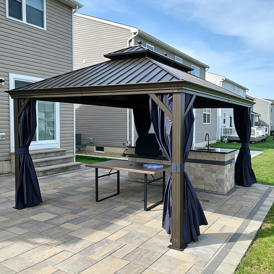 PURPLE LEAF Outdoor Hardtop Gazebo for Patio Bronze Aluminum Frame Pavilion with Navy-Blue Curtain