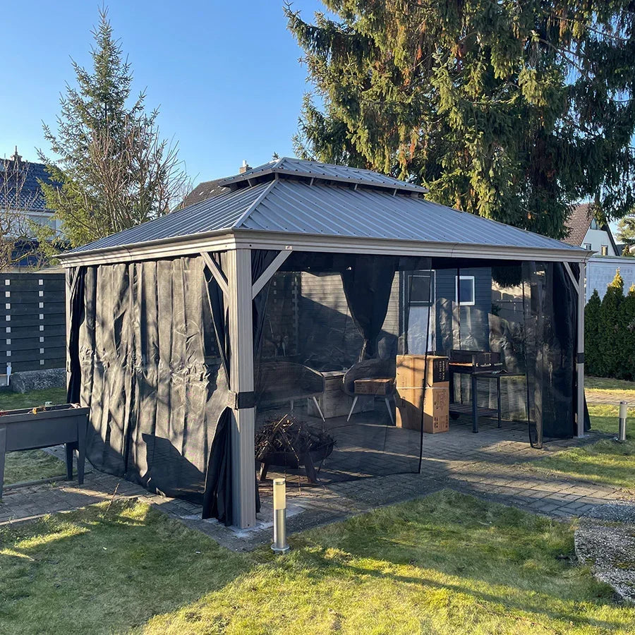 PURPLE LEAF Patio Gazebo for Pool Light Grey Hardtop Galvanized Steel Roof with String Lights-milky