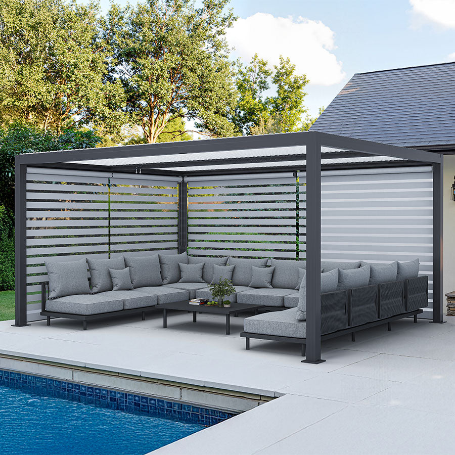 PURPLE LEAF Athena Louvered Pergola Grey Outdoor Aluminum Pergola with Roller Blinds Adjustable Gazebo Rainproof for Patio Deck Garden