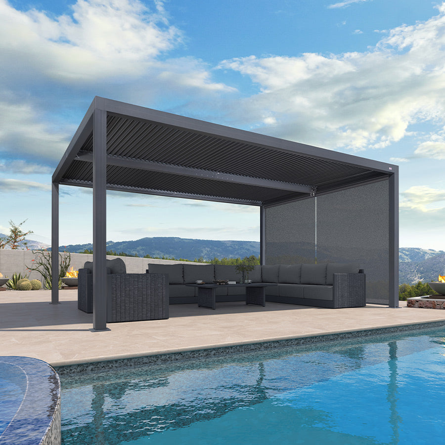 PURPLE LEAF Athena Louvered Pergola Grey Outdoor Aluminum Pergola with Solid Color Roller Blind Adjustable Gazebo for Patio Deck Garden