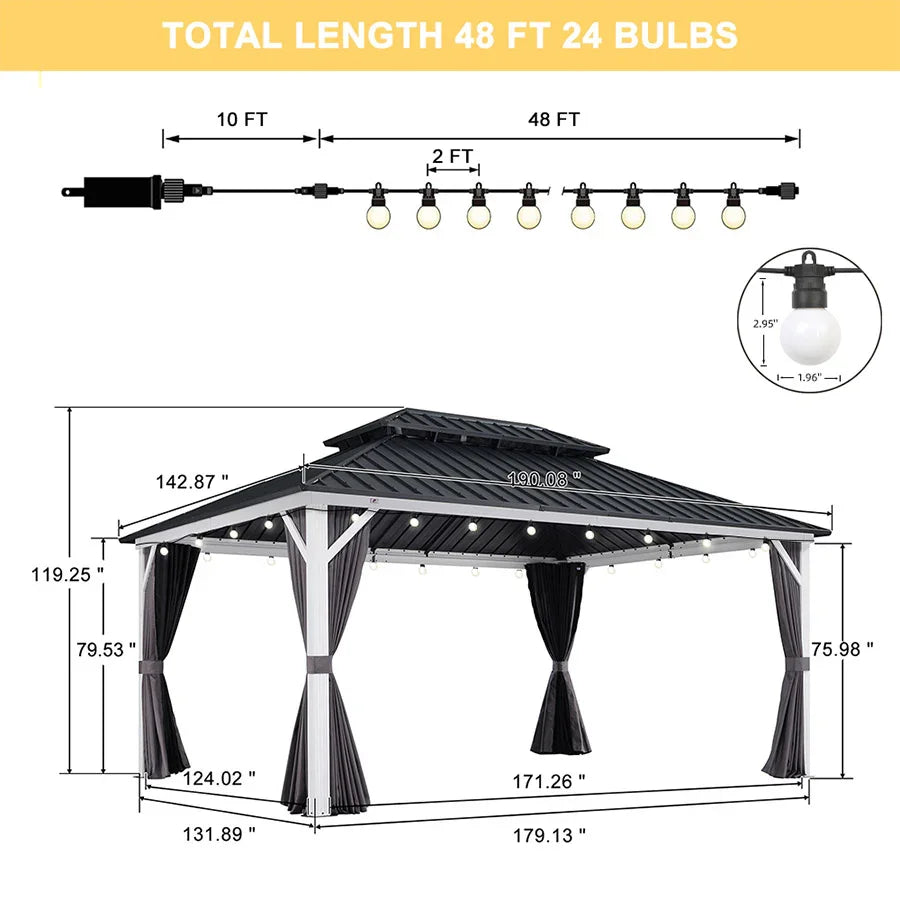 PURPLE LEAF Modern Gazebo Grey Hardtop Galvanized Steel Double Roof White Aluminum Poles with Curtains and Netting with Lights-milky