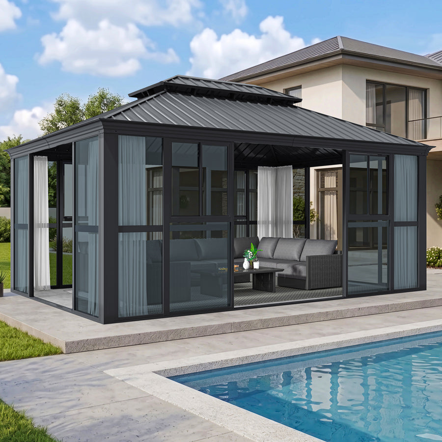 PURPLE LEAF Luxury Sunroom Solarium 360° Transparent Outdoor Living Room with Elegant Curtains Outdoor Gazebo with 4-Side Sliding Doors and Windows for Entertaining