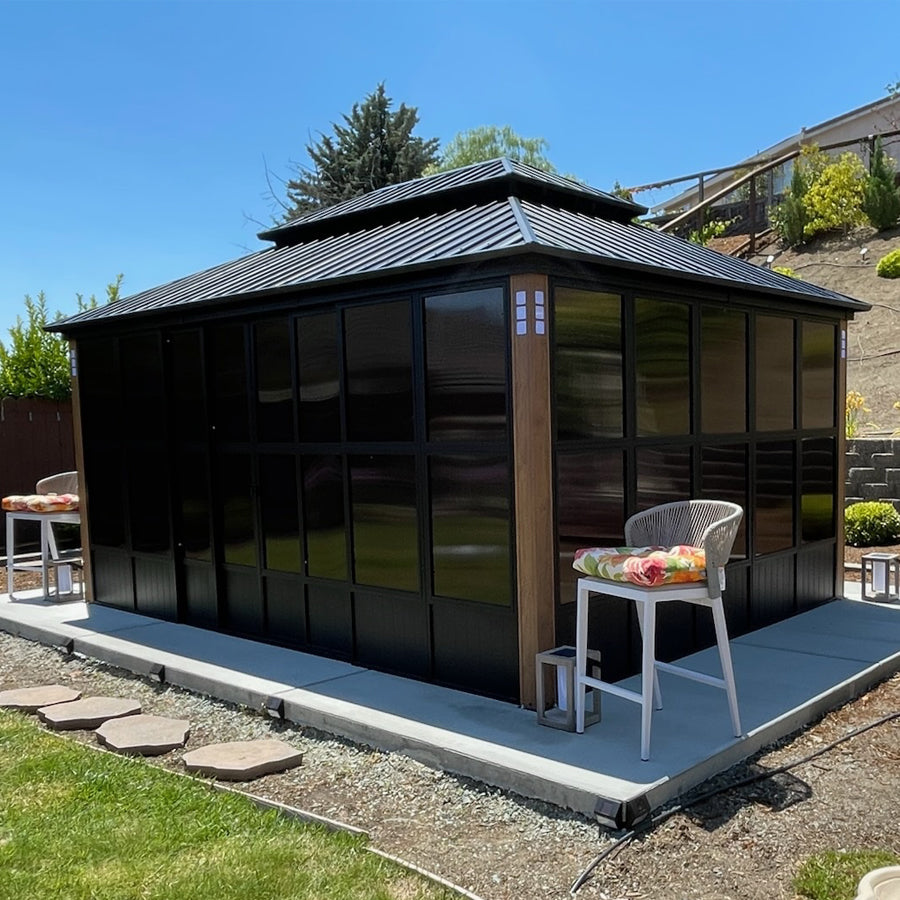 PURPLE LEAF Sunroom Hardtop Gazebo with Wood Grain Columns Black Frame Double Roof Galvanized Steel Solarium All-Weather Screen House with String Lights
