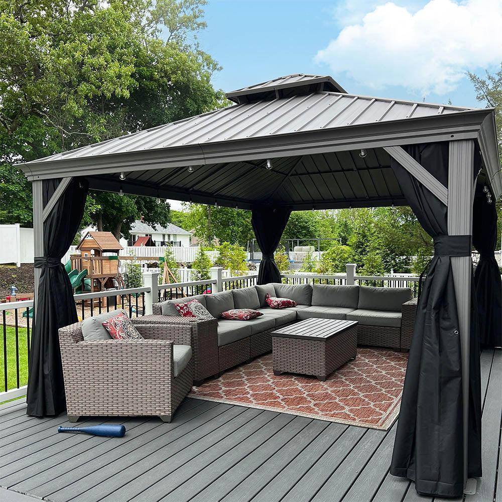 PURPLE LEAF Patio Gazebo for Pool Light Grey Hardtop Galvanized Steel Roof with String Lights-milky