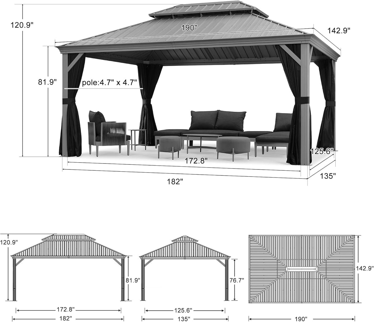 PURPLE LEAF Patio Gazebo for Pool Light Grey Hardtop Galvanized Steel Roof with Reinforcement Support Rod