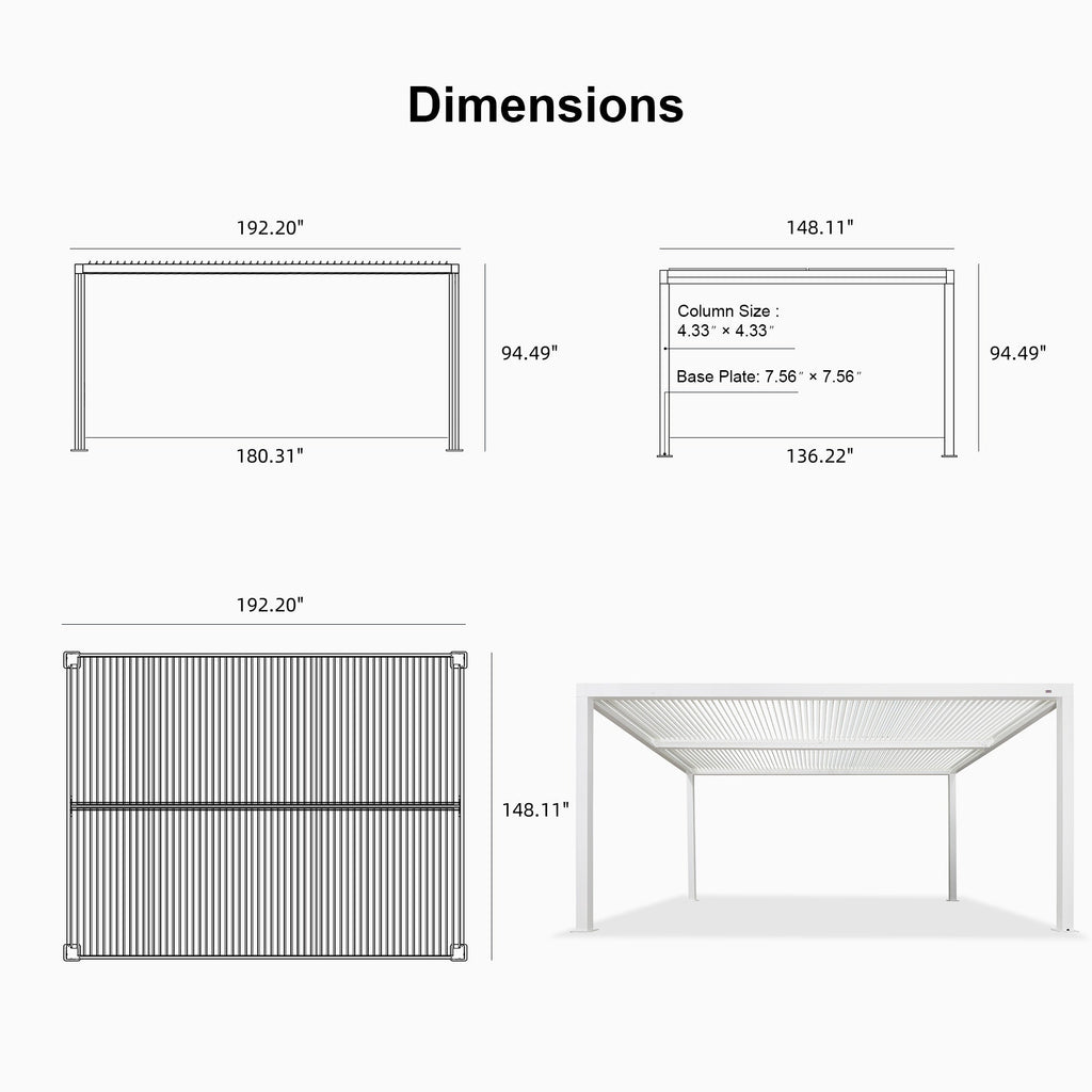 PURPLE LEAF Athena Louvered Pergola white Outdoor Aluminum Pergola with Shutter Wall Adjustable Gazebo Rainproof for Patio Deck Garden