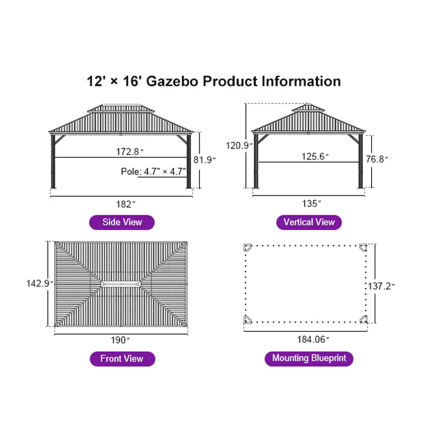 PURPLE LEAF Hardtop Gazebo for Patio Wood Grain Aluminum Frame Awning with String Lights-milky