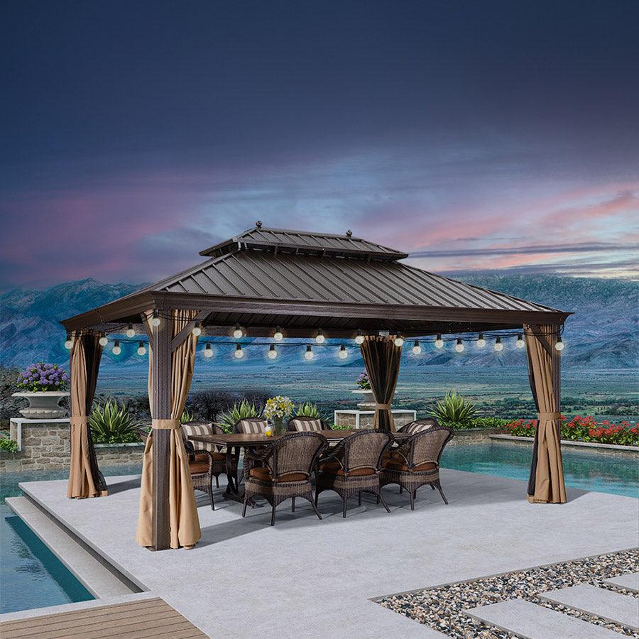 PURPLE LEAF Outdoor Hardtop Gazebo for Garden Bronze Double Roof Aluminum Frame Pavilion with String Lights-clear
