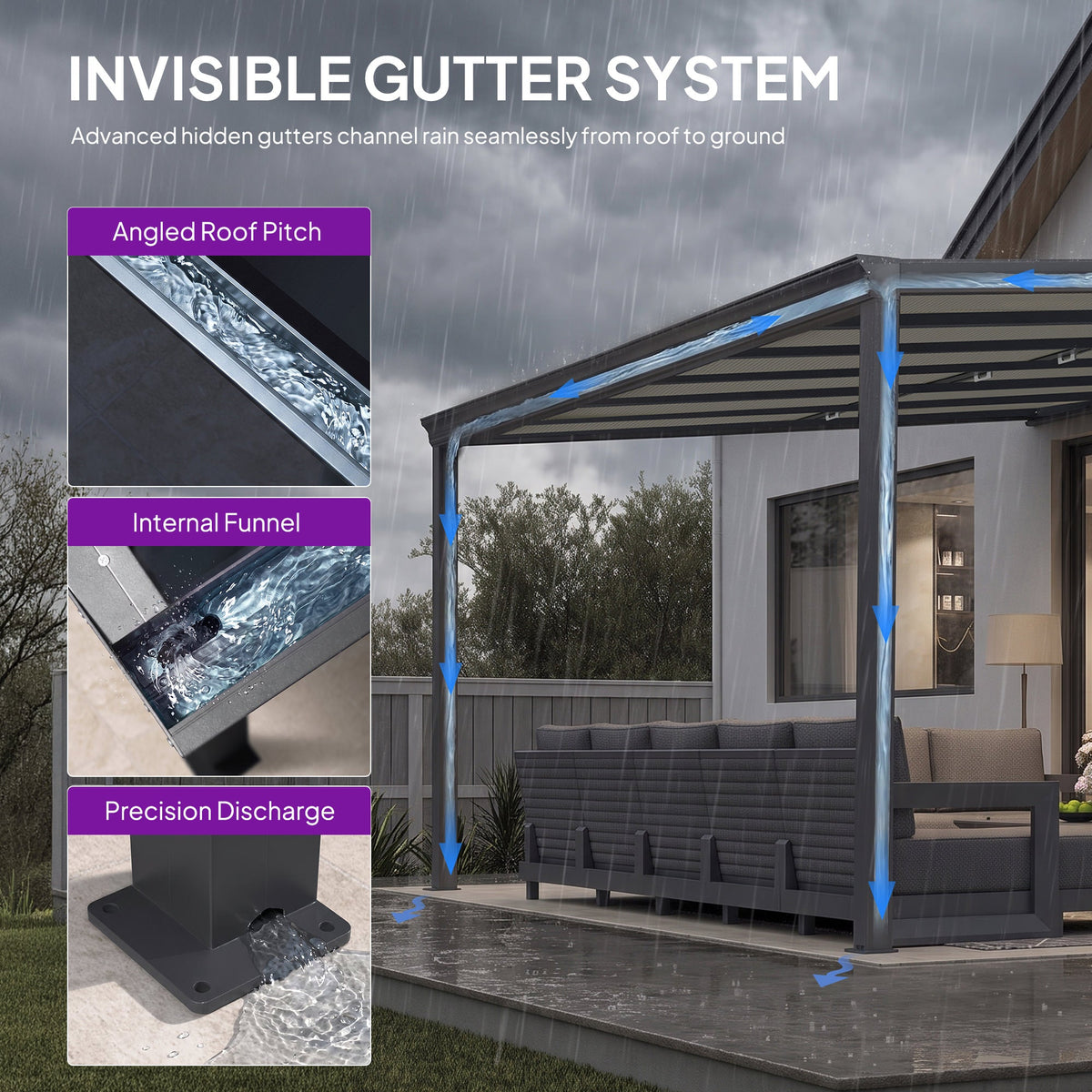 PURPLE LEAF Wall Mounted Gazebo with Gray Polycarbonate Roof Aluminum Frame Patio Cover with Retractable Pleated Shades for Porch