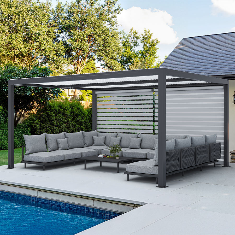 PURPLE LEAF Athena Louvered Pergola Grey Outdoor Aluminum Pergola with Roller Blinds Adjustable Gazebo Rainproof for Patio Deck Garden