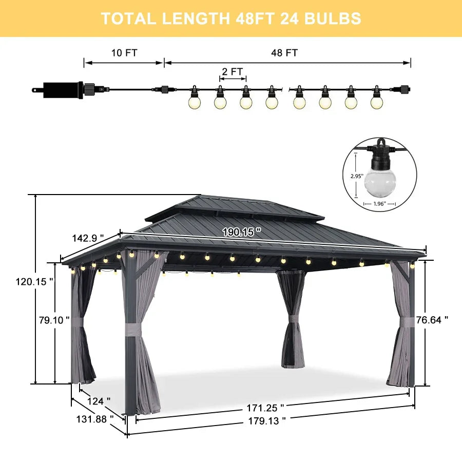 PURPLE LEAF Grey Hardtop Gazebo with Heavy Duty Galvanized Steel Double Roof with String Lights-milky