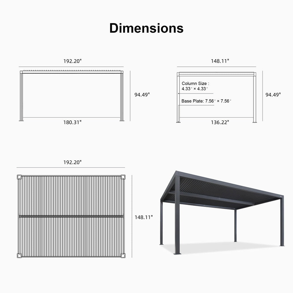 PURPLE LEAF Athena Louvered Pergola Grey Outdoor Aluminum Pergola with Shutter Wall Adjustable Gazebo Rainproof for Patio Deck Garden