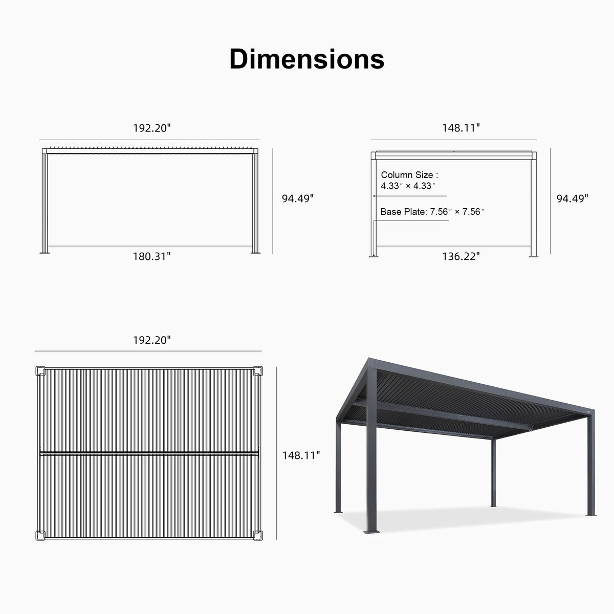 PURPLE LEAF Athena Louvered Pergola Grey Outdoor Aluminum Pergola with Shutter Wall Adjustable Gazebo Rainproof for Patio Deck Garden