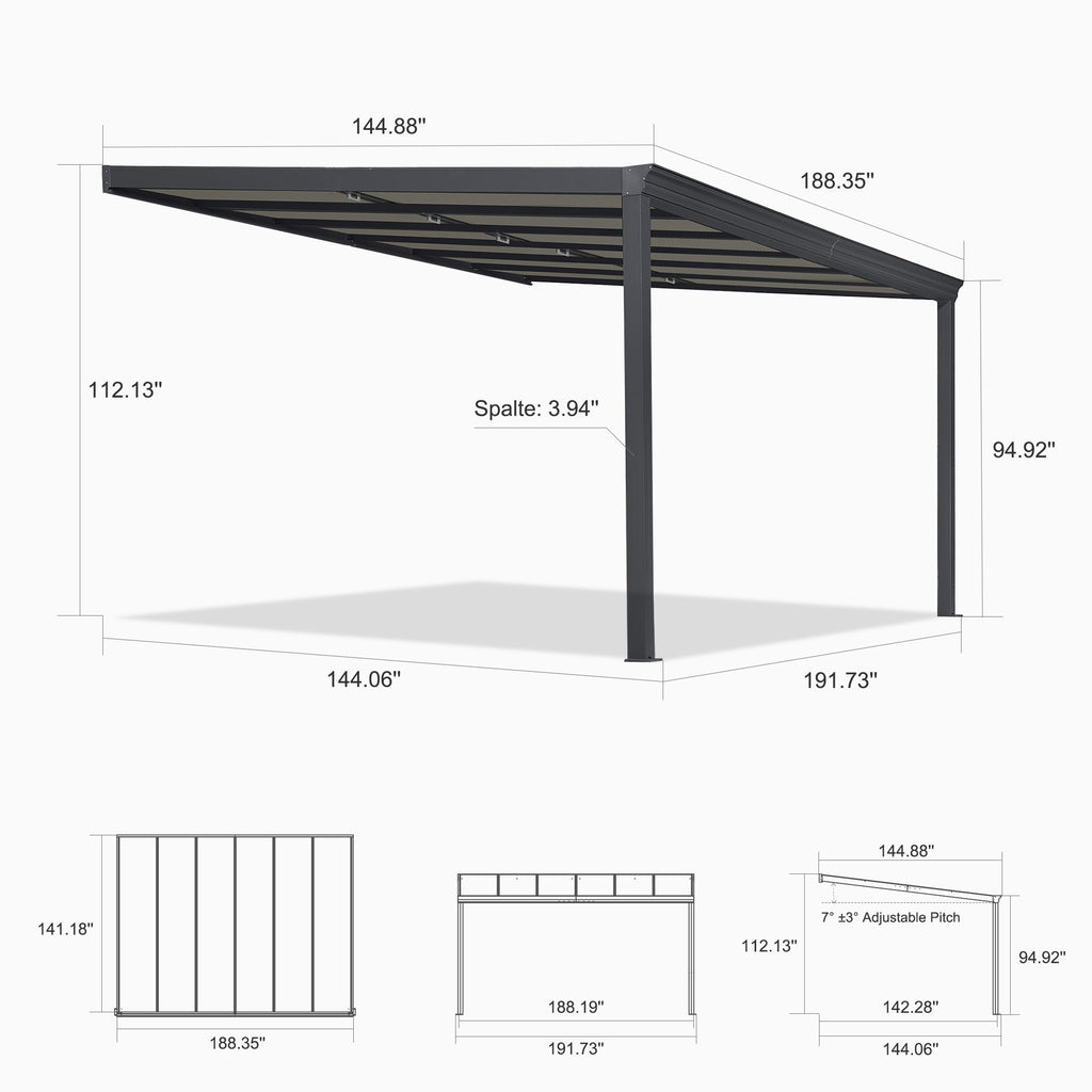 PURPLE LEAF Wall Mounted Gazebo with Gray Polycarbonate Roof Aluminum Frame Patio Cover with Retractable Pleated Shades for Porch