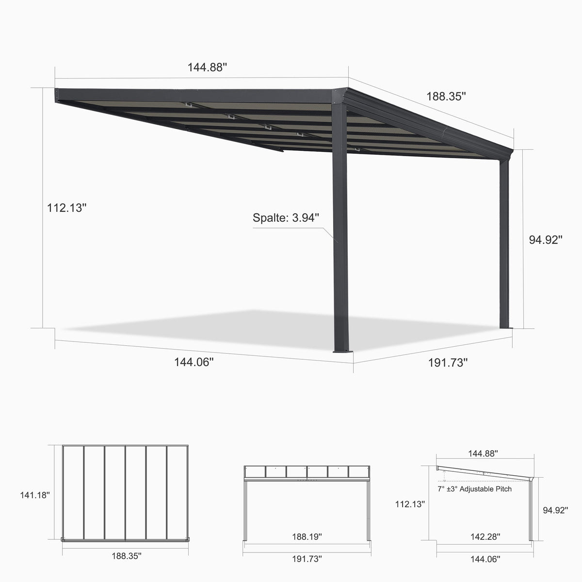 PURPLE LEAF Wall Mounted Gazebo with Gray Polycarbonate Roof Aluminum Frame Patio Cover with Retractable Pleated Shades for Porch