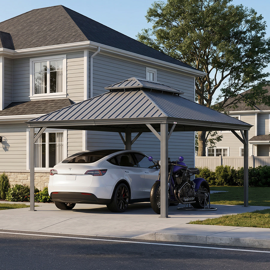 PURPLE LEAF Light Grey Metal Carport with Galvanized Steel Roof Heavy Duty Permanent Outdoor Car Shelter