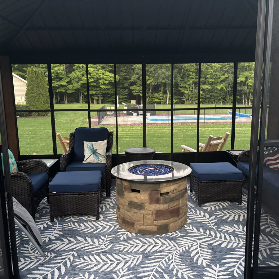 PURPLE LEAF Sunroom Hardtop Gazebo with Wood Grain Columns Black Frame Double Roof Galvanized Steel Solarium All-Weather Screen House with String Lights