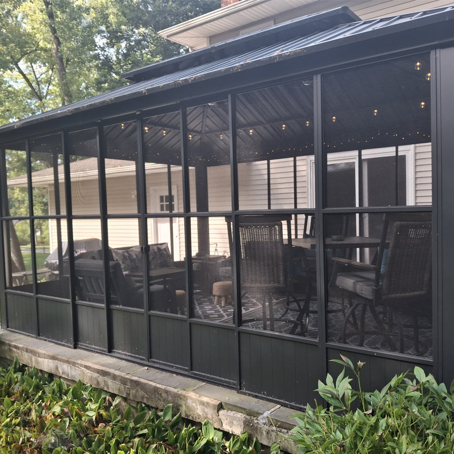 PURPLE LEAF Sunroom Hardtop Gazebo Solarium Grey Galvanized Steel Double Roof  All-Weather Aluminum Outdoor Screen House with String Lights