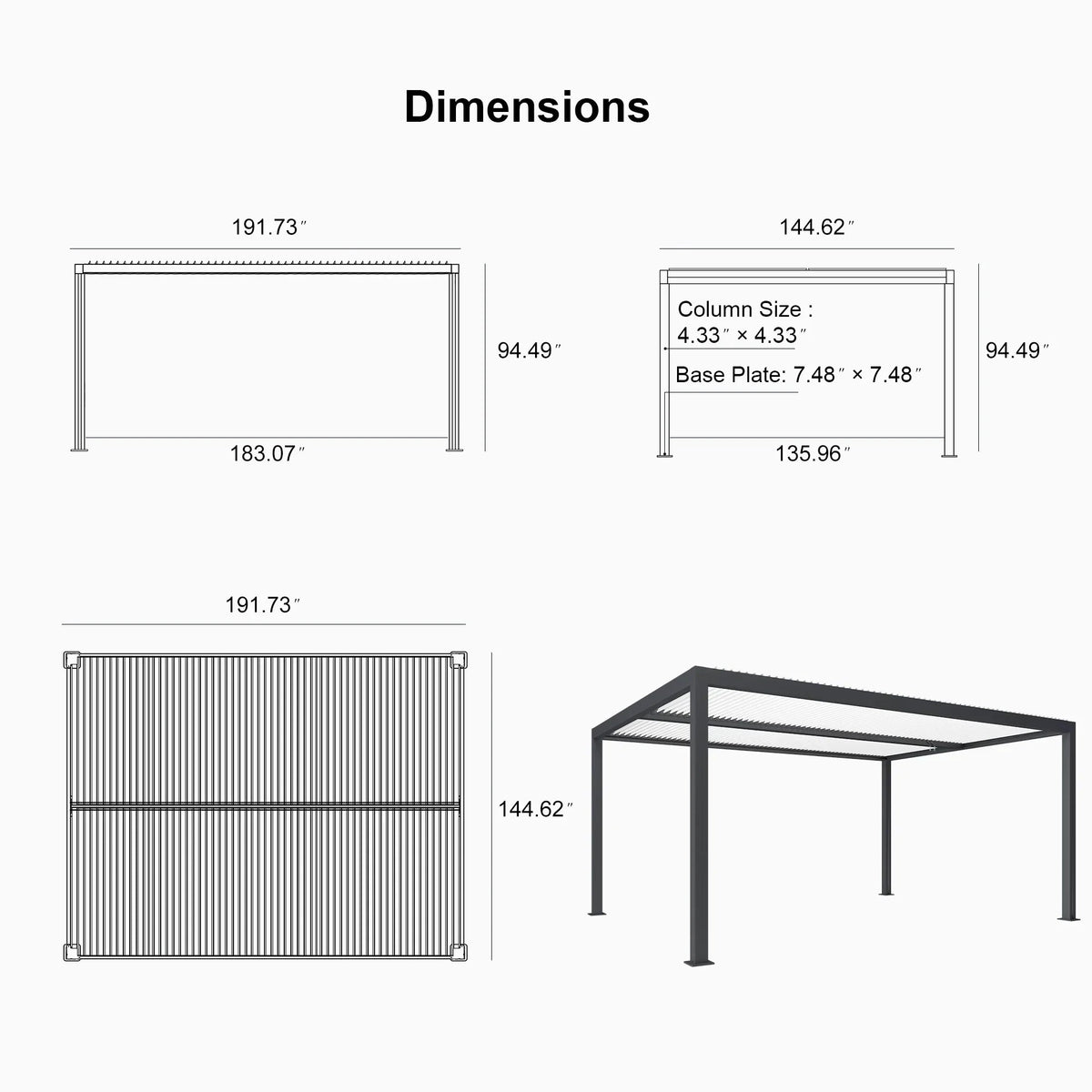 PURPLE LEAF Athena Louvered Pergola Grey Outdoor Aluminum Pergola with Shutter Wall Adjustable Gazebo Rainproof for Patio Deck Garden
