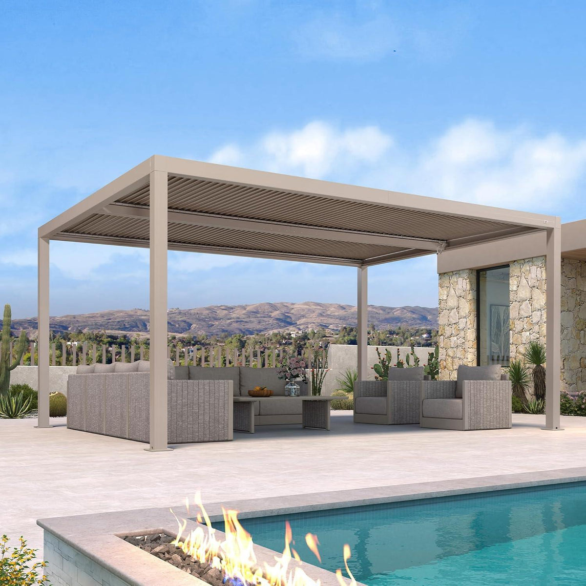 PURPLE LEAF Athena Louvered Pergola Modern Champagne Pergola with Adjustable Roof for Deck Backyard Garden