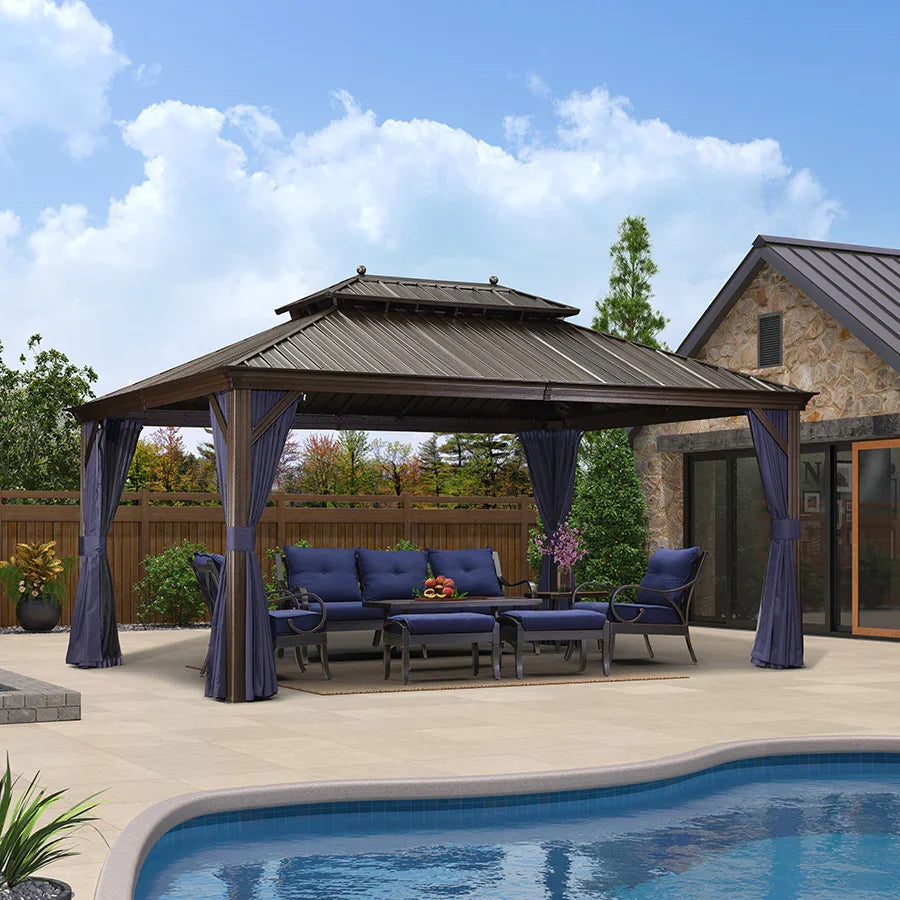 PURPLE LEAF Outdoor Hardtop Gazebo for Patio Bronze Aluminum Frame Pavilion with Navy-Blue Curtain and Reinforced Support Rods