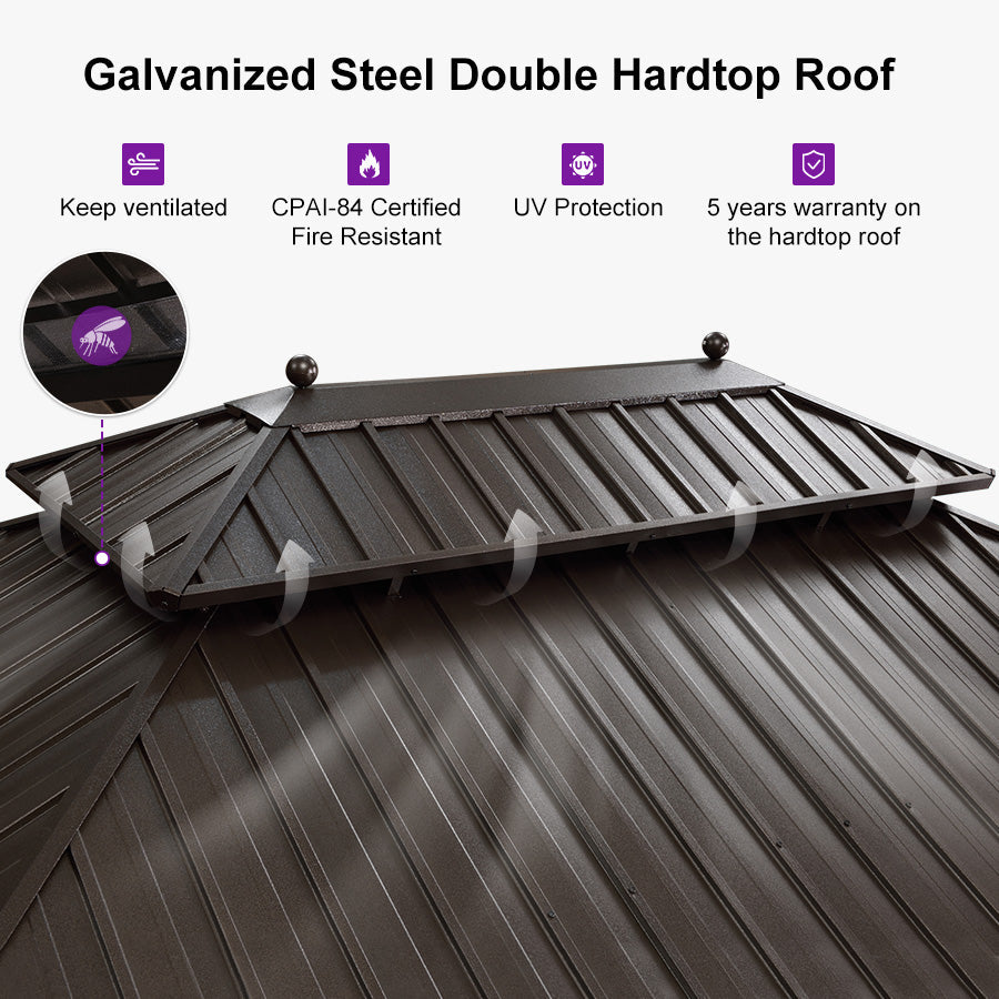 PURPLE LEAF Outdoor Hardtop Gazebo for Patio Bronze Aluminum Frame Pavilion with Navy-Blue Curtain and String Lights-milky