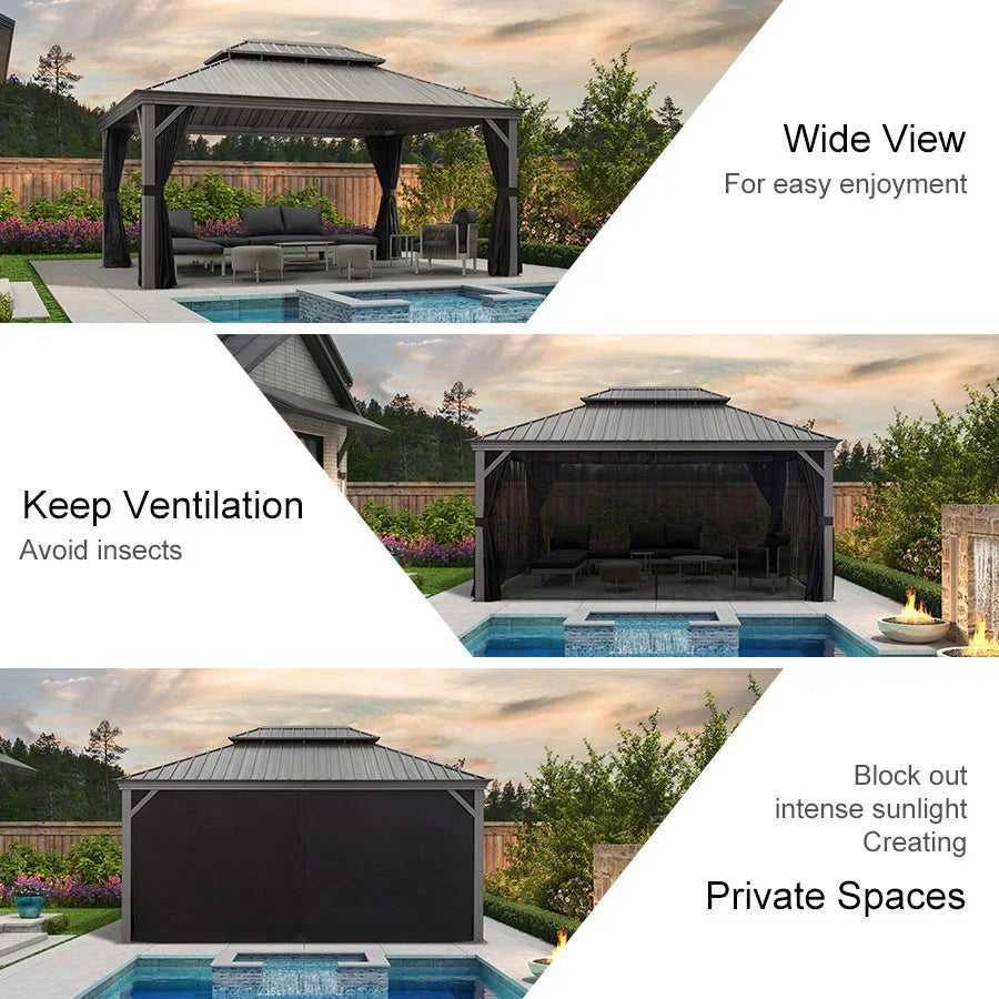 PURPLE LEAF Patio Gazebo for Pool Light Grey Hardtop Galvanized Steel Roof with String Lights-milky