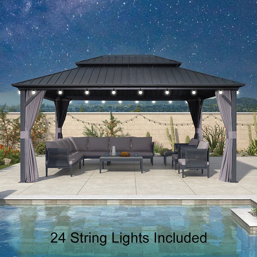 PURPLE LEAF Grey Hardtop Gazebo with Heavy Duty Galvanized Steel Double Roof with String Lights-milky