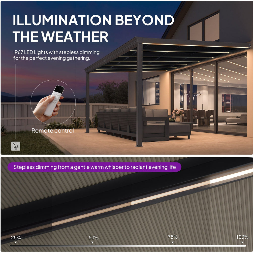 PURPLE LEAF Wall Mounted Gazebo with Gray Polycarbonate Roof Aluminum Frame Patio Cover with Strip Light for Porch