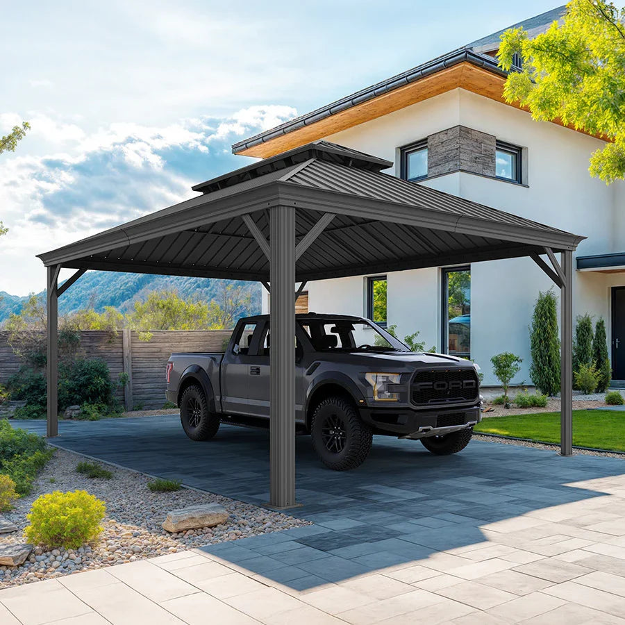 PURPLE LEAF Outdoor Metal Carport with Grey Steel Roof and Aluminum Frame Protective Shelter