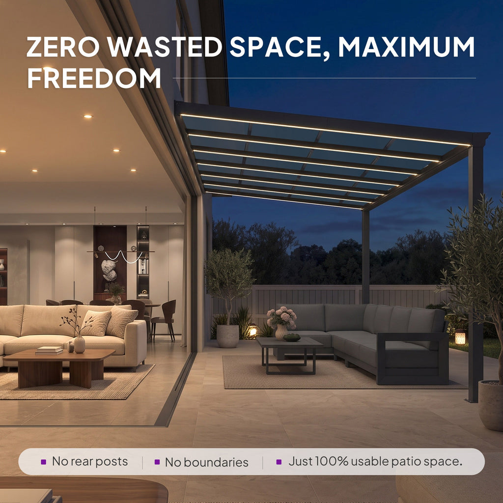 PURPLE LEAF Wall Mounted Gazebo with Gray Polycarbonate Roof Aluminum Frame Patio Cover with Strip Light for Porch