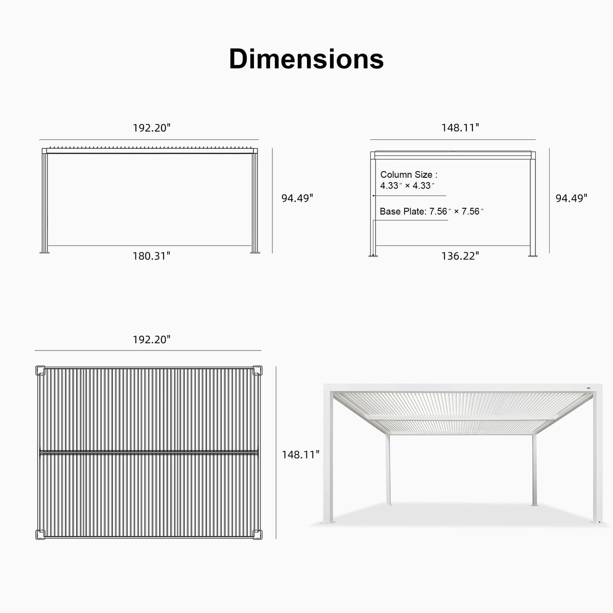 PURPLE LEAF Athena Louvered Pergola White Outdoor Aluminum Pergola with Roller Blind Adjustable Gazebo for Patio Deck Garden