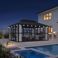 PURPLE LEAF Luxury Sunroom Solarium 360° Transparent Outdoor Living Room with Elegant Curtains Outdoor Gazebo with 4-Side Sliding Doors and Windows for Entertaining with String Lights